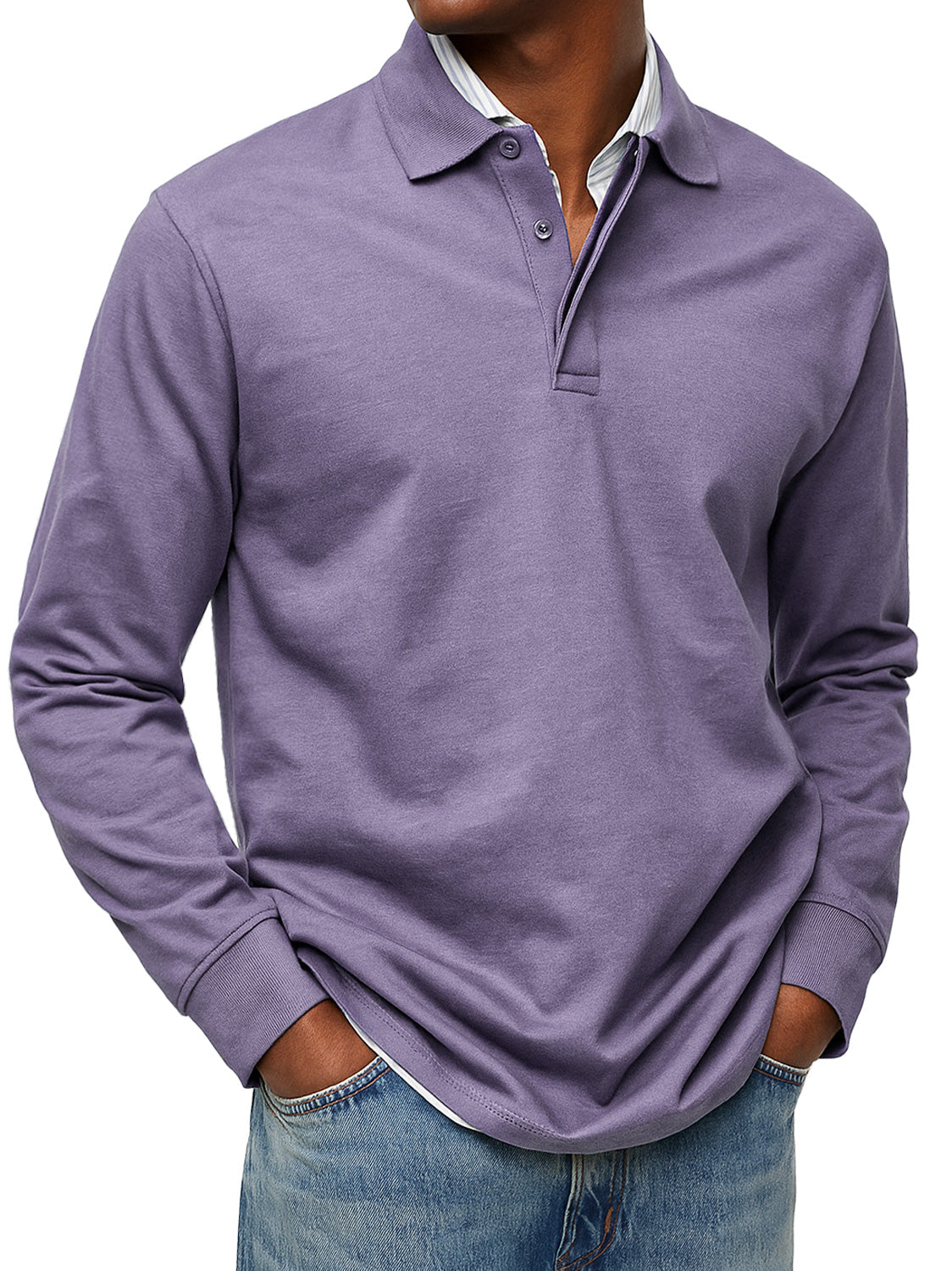 Men's Autumn/Winter Exclusive-layer Lapel Button-down Solid Color Long-sleeved Polo Shirt