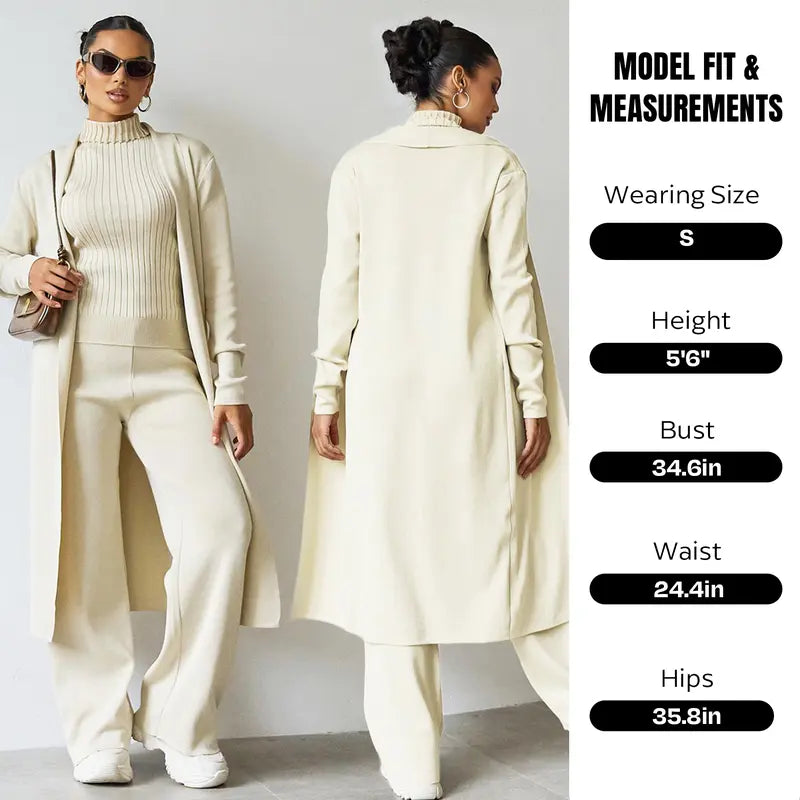 Women’s Three-Piece Knit Set – Long Cardigan, Sleeveless Top & Wide-Leg Pants