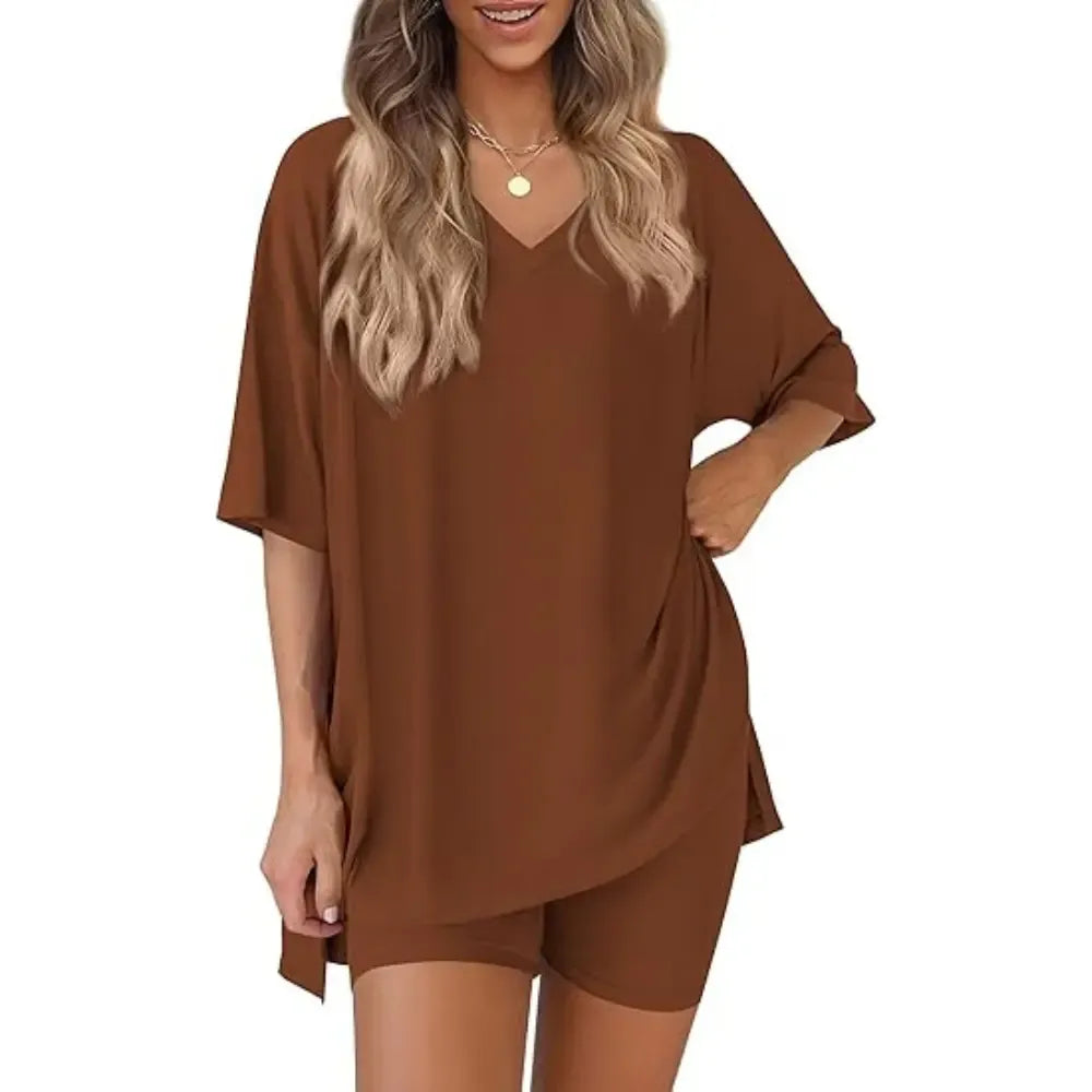 V Neck 2 Piece Sets for Women Summer Lounge Short Set Spring Matching Biker Shorts Oversized Shirt Clothing