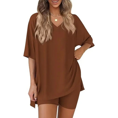 V Neck 2 Piece Sets for Women Summer Lounge Short Set Spring Matching Biker Shorts Oversized Shirt Clothing