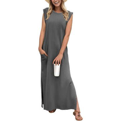 🔥Last day promotion⏰Casual Round Neck Loose Split Wrinkle-Free Long Maxi Vacation Dress with Pockets
