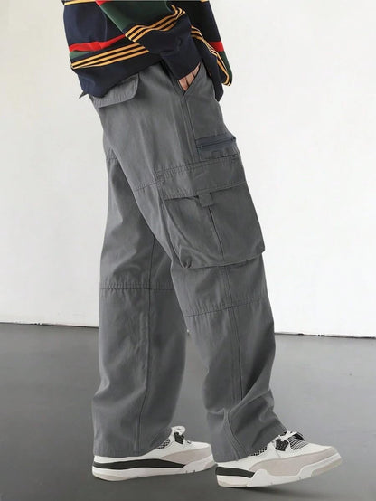 Men's Loose Solid Color All-match Pocket Drawstring Waist Overalls