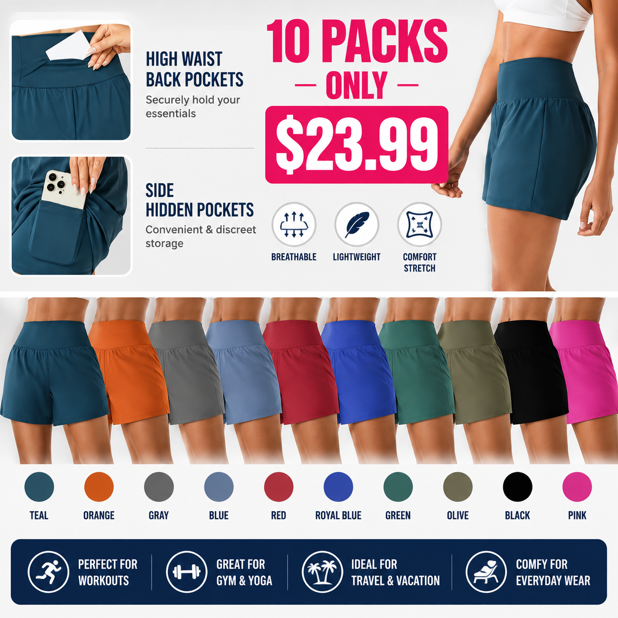🔥Last Day Promotion!Super High Waisted Back Pocket & Side Hidden Pocket 2-in-1 Yoga Shorts