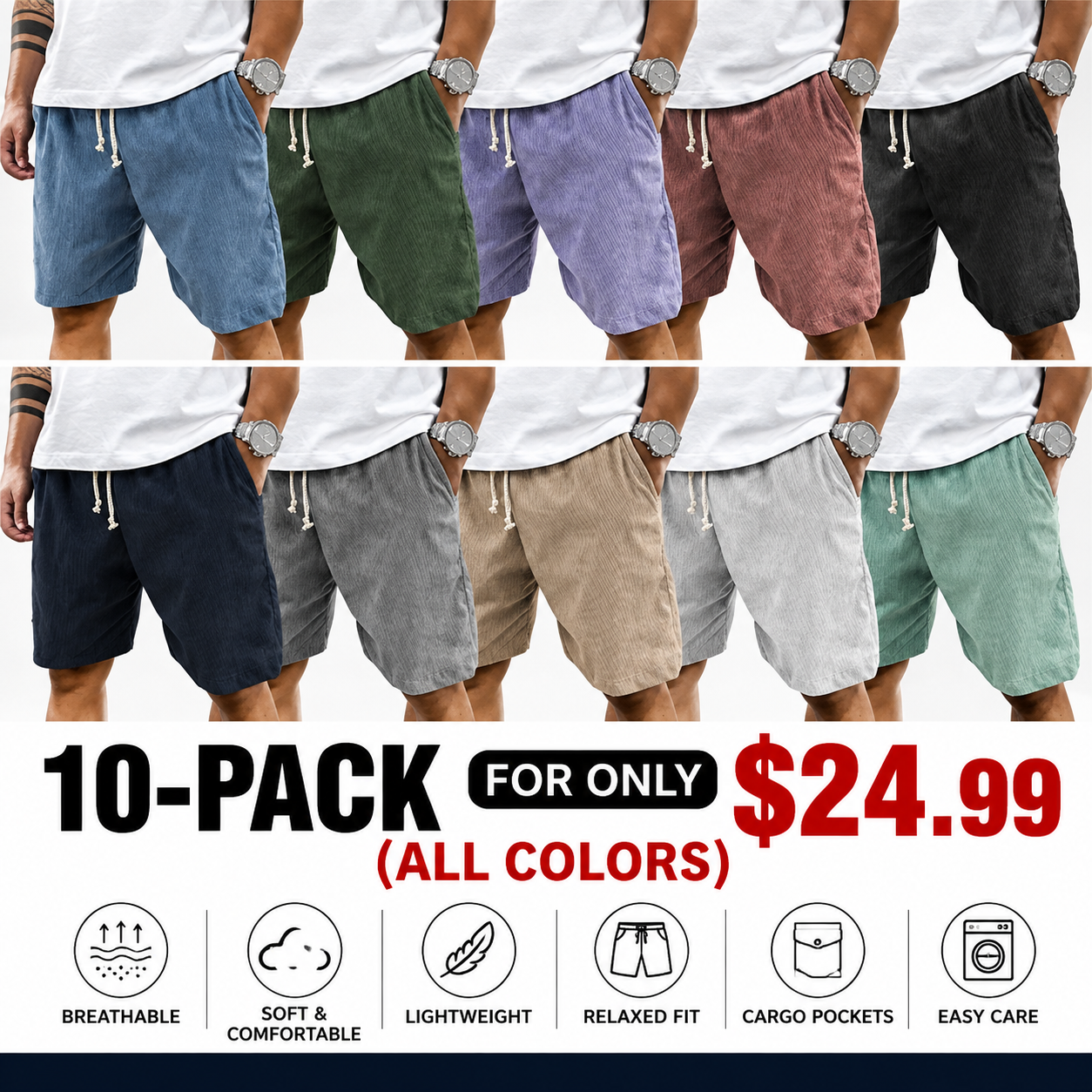 FINAL SALE⚡10 Packs for $34.99⚡ - Men's Fashion Vintage Corduroy Casual Elastic Stretch Shorts With Side Pockets