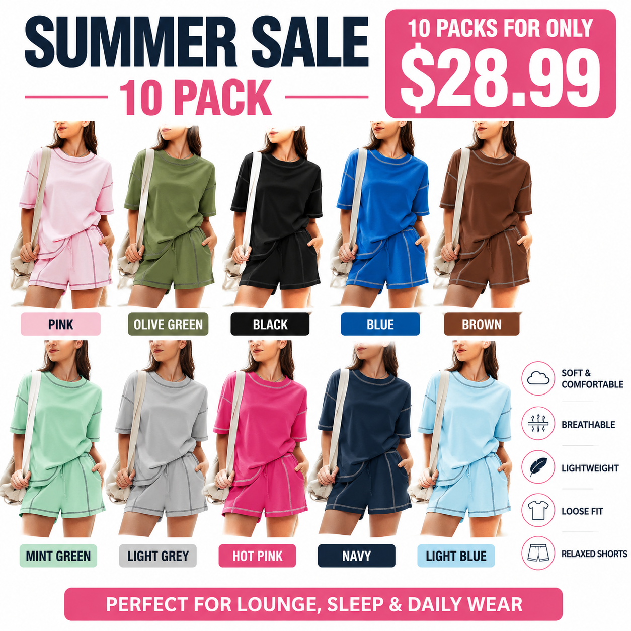 Women's Casual Summer 100% Cotton 2 Piece Sets
