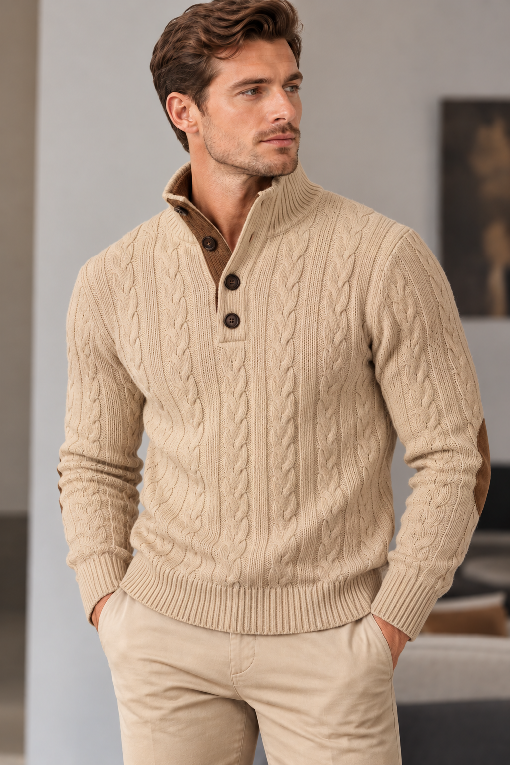 Men's Classic Cable-Knit Sweater with Button Collar – Timeless Casual Knitwear
