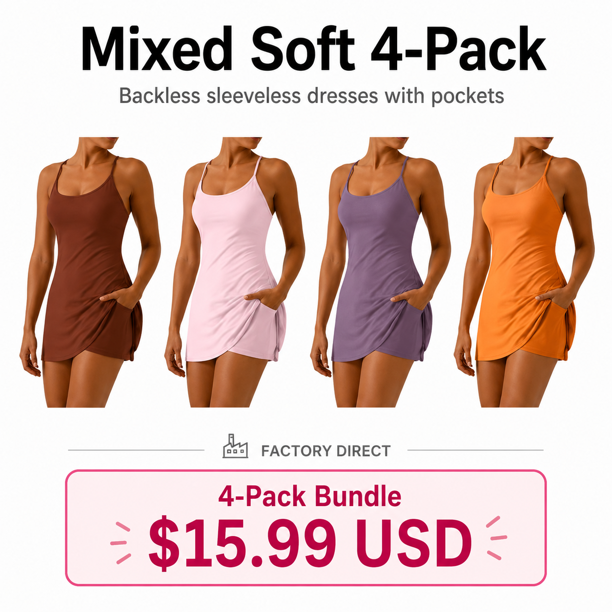 Women's Backless Sleeveless Dress with Pockets 8-Pack