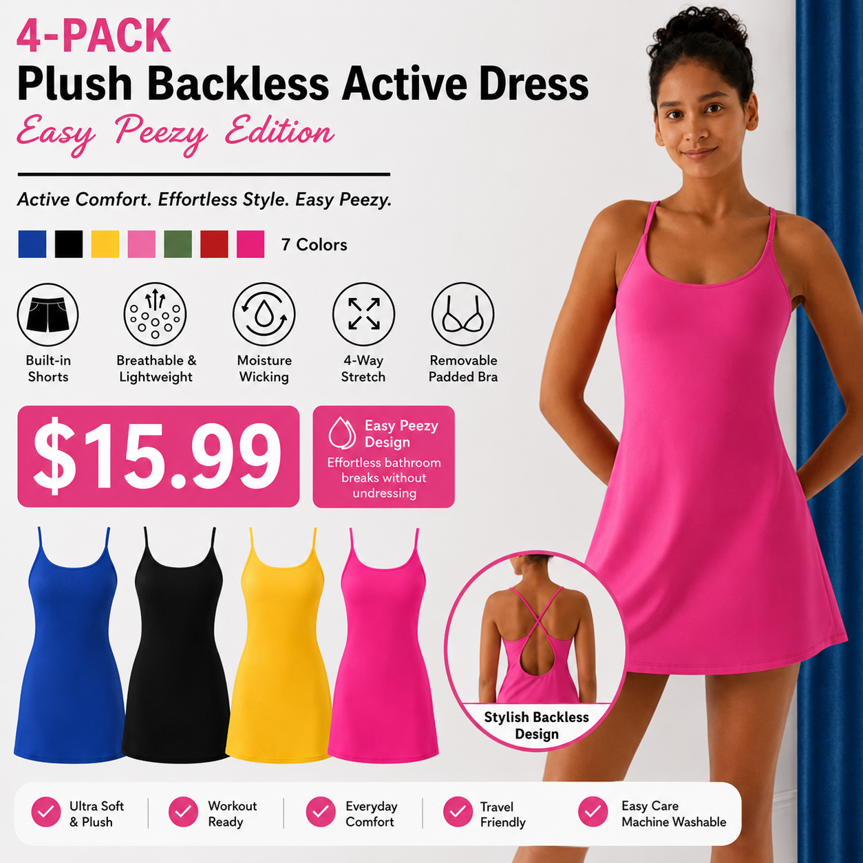 Women's Backless Sleeveless Dress with Pockets 8-Pack