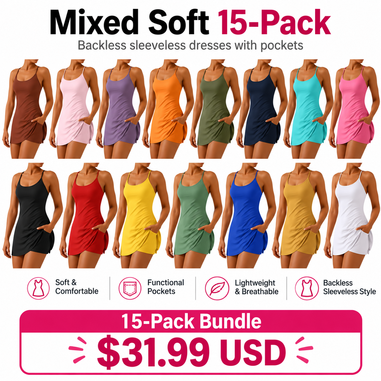 Women's Backless Sleeveless Dress with Pockets 8-Pack