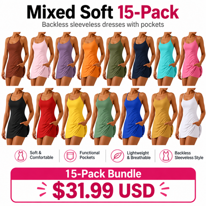 Women's Backless Sleeveless Dress with Pockets 8-Pack