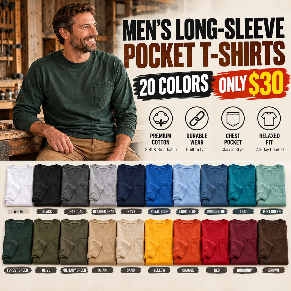 Men wearing long sleeve pocket workwear T-shirt