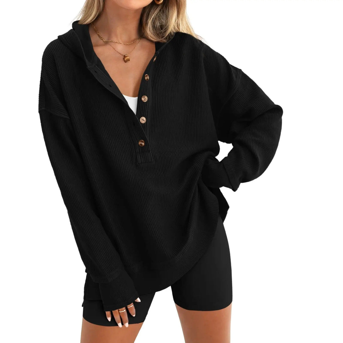 Women’s Oversized V-Neck Hoodie – Relaxed Button Pullover with Side Slits