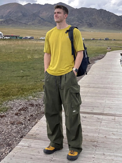 Unisex Baggy Parachute Cargo Pants Lightweight Water Resistant Elastic Waist Gorpcore Streetwear Trousers with Pockets