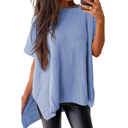 Women's Oversized Puff Short Sleeve Knit Sweater Casual Round Neck Side Slit Elegant Pullover Top