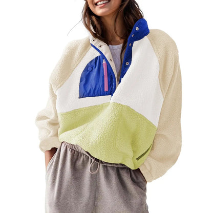 Women's Colorblock Cropped Sherpa Fleece Jacket Soft Long Sleeve Pullover with Pockets, Casual Trendy Layering Outerwear