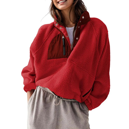 Women's Colorblock Cropped Sherpa Fleece Jacket Soft Long Sleeve Pullover with Pockets, Casual Trendy Layering Outerwear