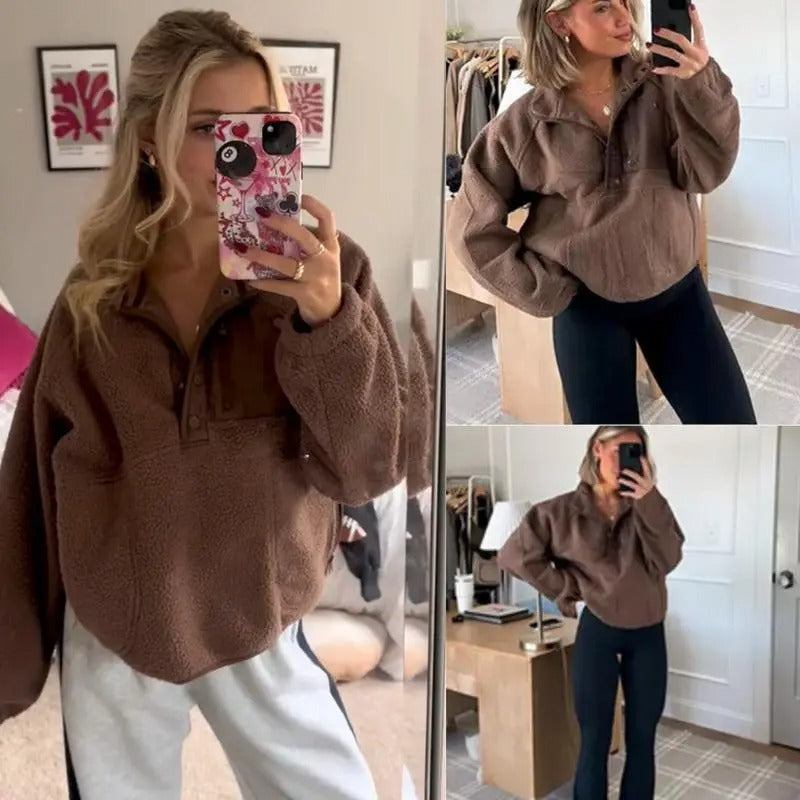 Women's Colorblock Cropped Sherpa Fleece Jacket Soft Long Sleeve Pullover with Pockets, Casual Trendy Layering Outerwear