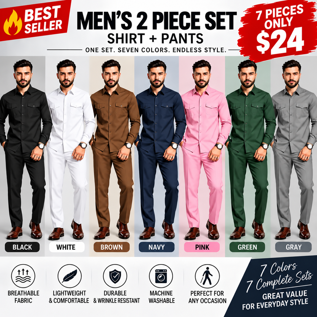 Men’s Two-Piece Matching Shirt & Pants Set – Casual Everyday Outfit