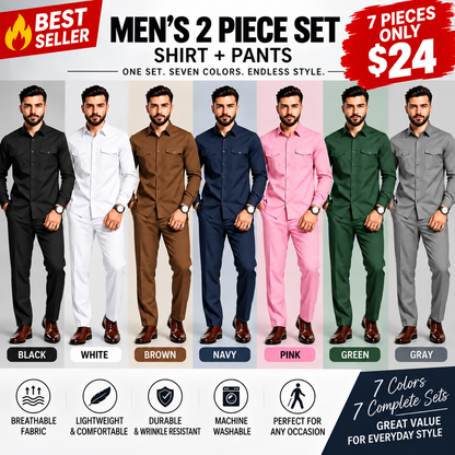 Men’s Two-Piece Matching Shirt & Pants Set – Casual Everyday Outfit