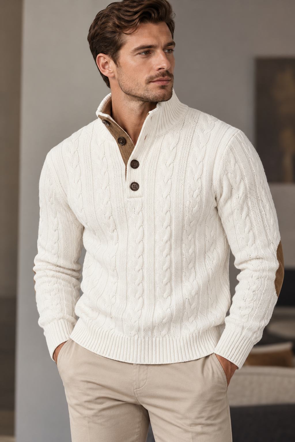 Men's Classic Cable-Knit Sweater with Button Collar – Timeless Casual Knitwear