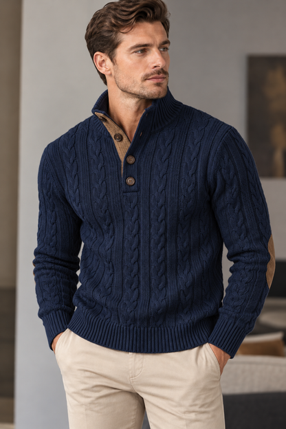 Men's Classic Cable-Knit Sweater with Button Collar – Timeless Casual Knitwear