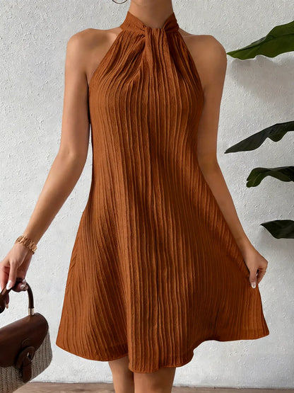 💥Clearance Sale⏰ Women's Bohemian Chic Solid Color Vertical Stripe Mini Dress - Sleeveless, Ruched Detail, Button-Up, Perfect for Spring/Summer, Casual to Formal Wear,