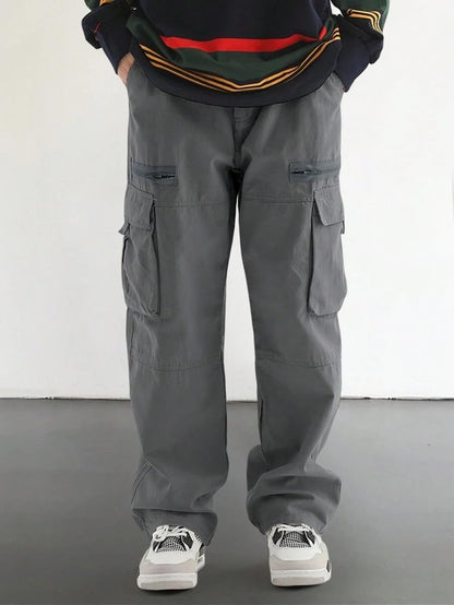 Men's Loose Solid Color All-match Pocket Drawstring Waist Overalls