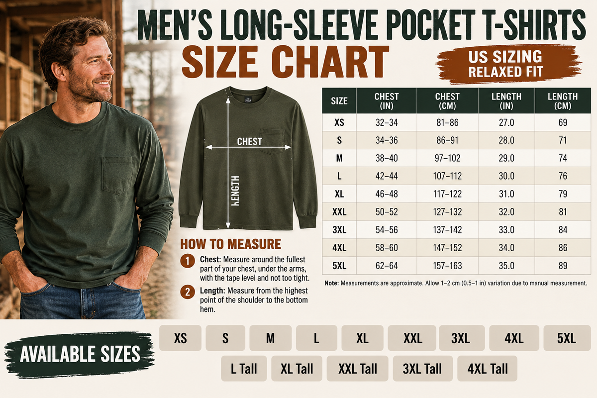 Men's Heavyweight Long Sleeve Pocket Tee – Classic Relaxed Fit Workwear Shirt