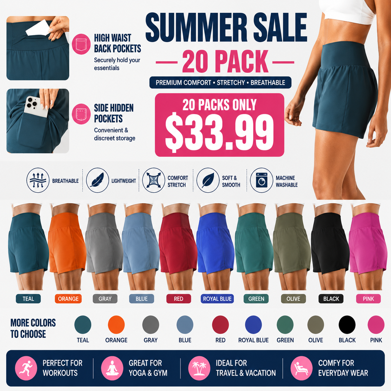 🔥Last Day Promotion!Super High Waisted Back Pocket & Side Hidden Pocket 2-in-1 Yoga Shorts