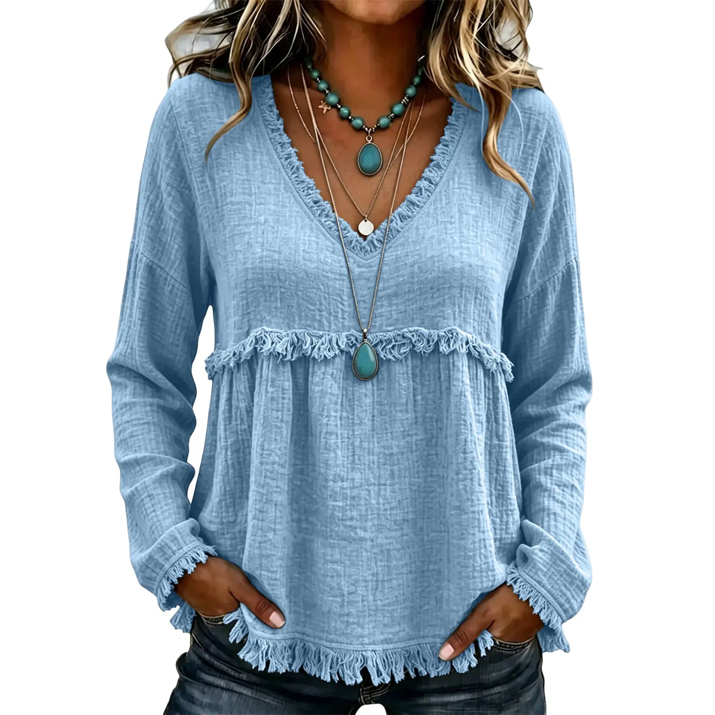 Women’s Boho V Neck Long Sleeve Fringe Top Plus Size S-3XL