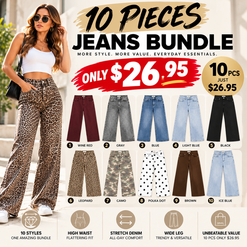 Women's High Waisted Wide Leg Stretch Jeans – 10-Piece Denim Bundle