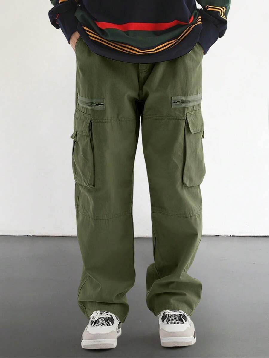 Men's Loose Solid Color All-match Pocket Drawstring Waist Overalls