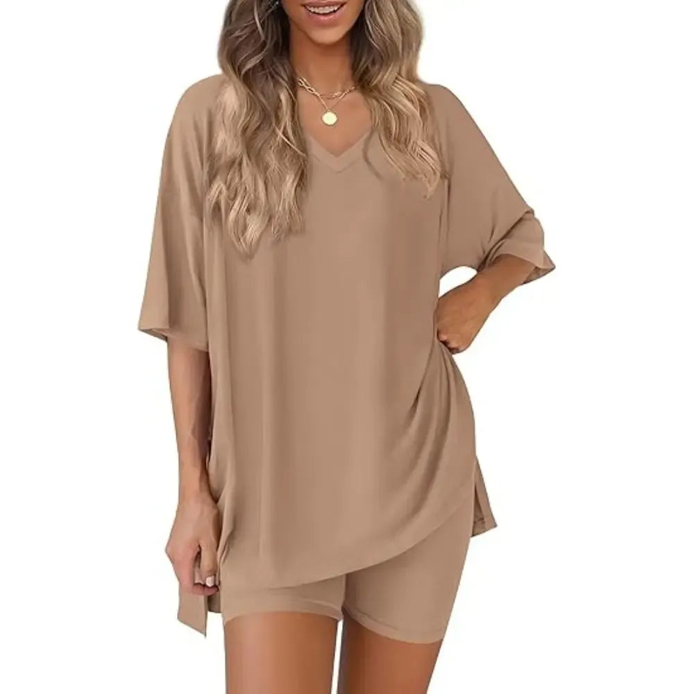 V Neck 2 Piece Sets for Women Summer Lounge Short Set Spring Matching Biker Shorts Oversized Shirt Clothing