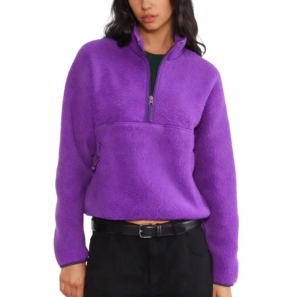 Women‘s Fleece Sweatshirt – Cropped Half-Zip Sherpa Pullover with Zipper Pockets