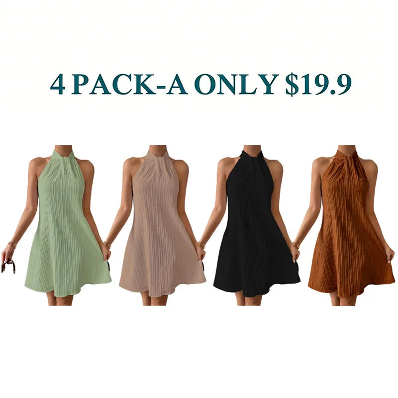 💥Clearance Sale⏰ Women's Bohemian Chic Solid Color Vertical Stripe Mini Dress - Sleeveless, Ruched Detail, Button-Up, Perfect for Spring/Summer, Casual to Formal Wear,