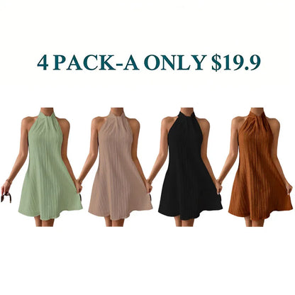 💥Clearance Sale⏰ Women's Bohemian Chic Solid Color Vertical Stripe Mini Dress - Sleeveless, Ruched Detail, Button-Up, Perfect for Spring/Summer, Casual to Formal Wear,