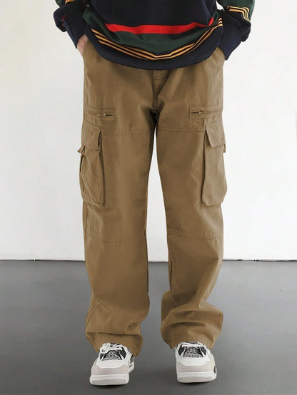 Men's Loose Solid Color All-match Pocket Drawstring Waist Overalls