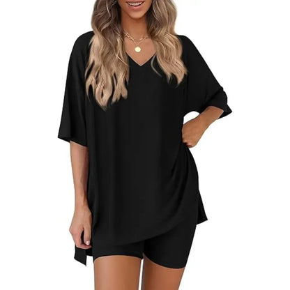 V Neck 2 Piece Sets for Women Summer Lounge Short Set Spring Matching Biker Shorts Oversized Shirt Clothing