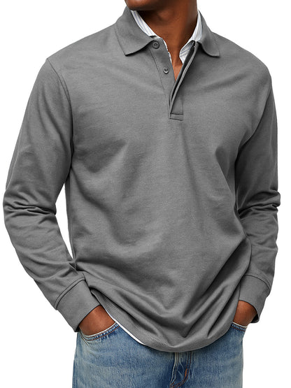 Men's Autumn/Winter Exclusive-layer Lapel Button-down Solid Color Long-sleeved Polo Shirt