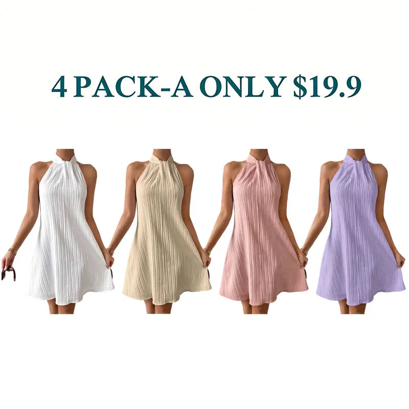 💥Clearance Sale⏰ Women's Bohemian Chic Solid Color Vertical Stripe Mini Dress - Sleeveless, Ruched Detail, Button-Up, Perfect for Spring/Summer, Casual to Formal Wear,