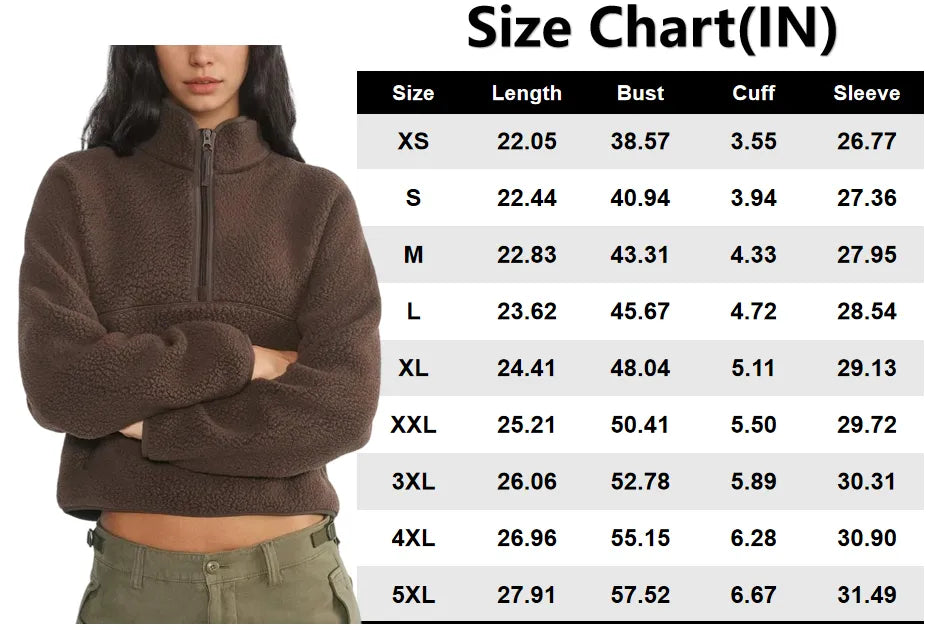 Women‘s Fleece Sweatshirt – Cropped Half-Zip Sherpa Pullover with Zipper Pockets