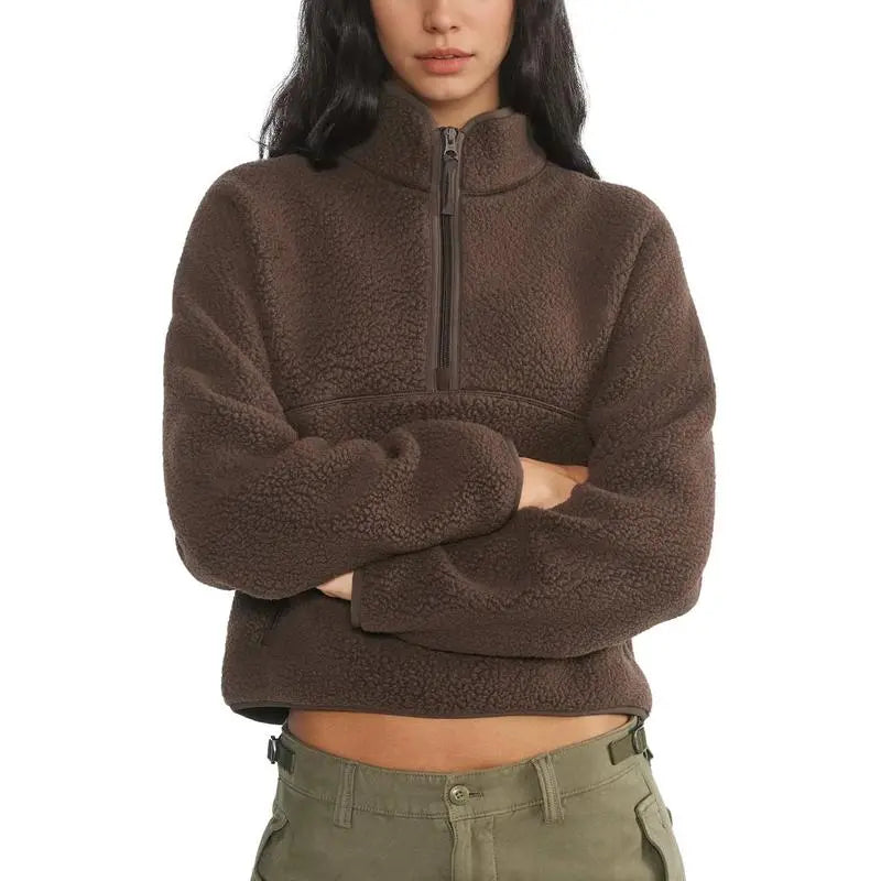 Women‘s Fleece Sweatshirt – Cropped Half-Zip Sherpa Pullover with Zipper Pockets