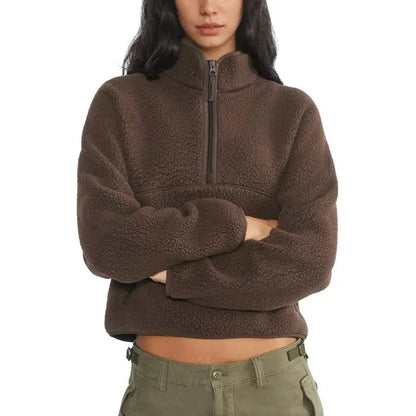 Women‘s Fleece Sweatshirt – Cropped Half-Zip Sherpa Pullover with Zipper Pockets