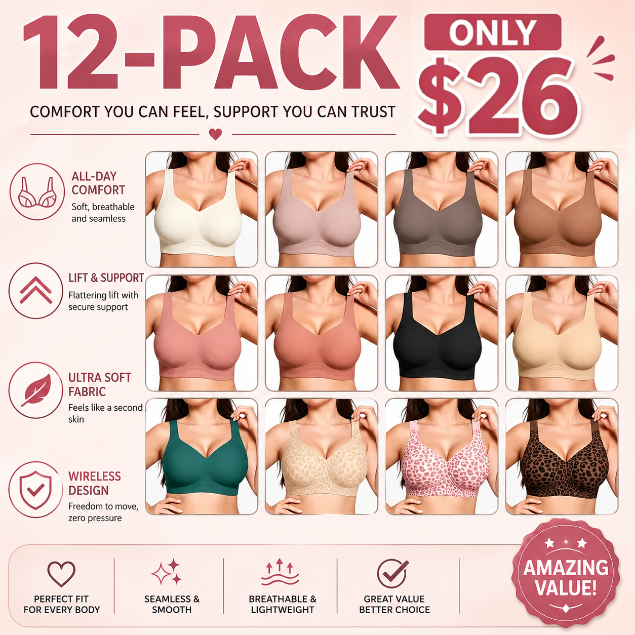 Women's Jelly Bra Wireless Support Bra – Seamless Full Coverage Everyday Bra