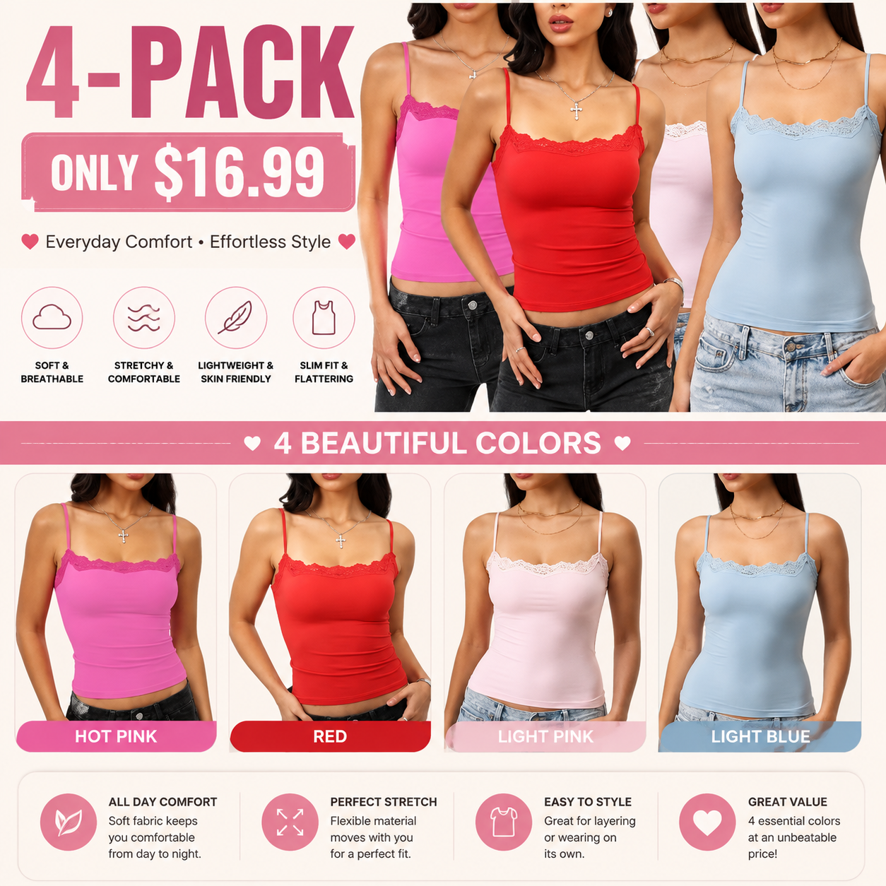 Women’s Padded Lace Cami Top – Double Lined Sexy Spaghetti Strap Tank