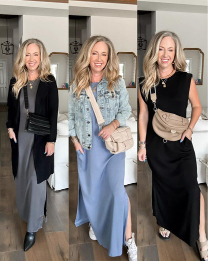 🔥Last day promotion⏰Casual Round Neck Loose Split Wrinkle-Free Long Maxi Vacation Dress with Pockets