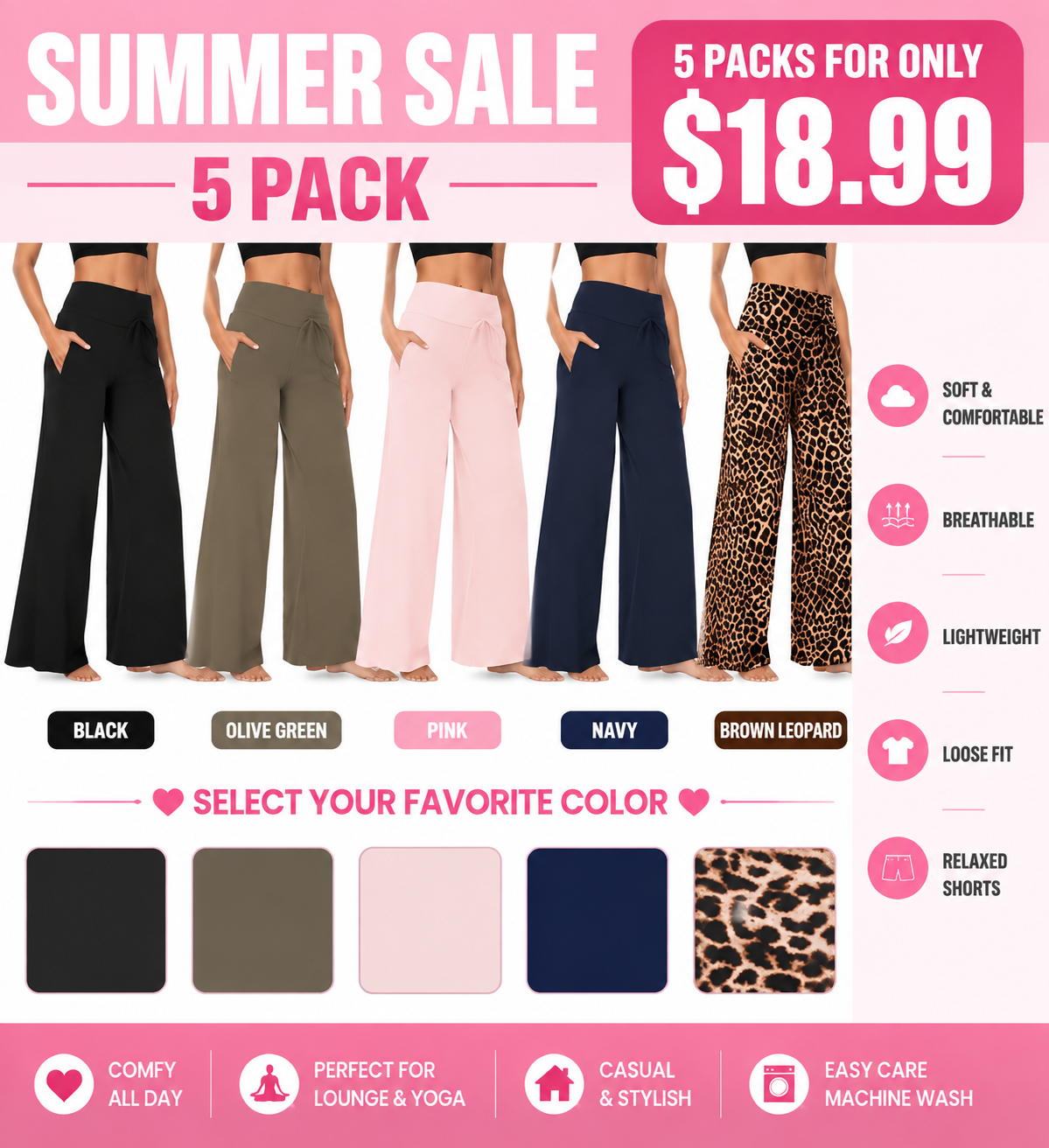 ⏰7 Pack Only $24.99⏰Plus Size High Waisted Loose Wide Leg Stretchy & Soft Fabric Casual Outing and Travel