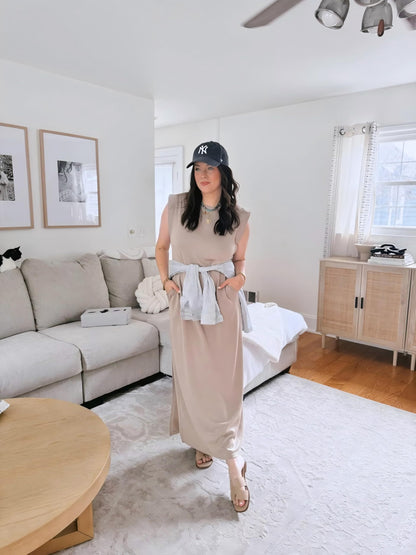 🔥Last day promotion⏰Casual Round Neck Loose Split Wrinkle-Free Long Maxi Vacation Dress with Pockets