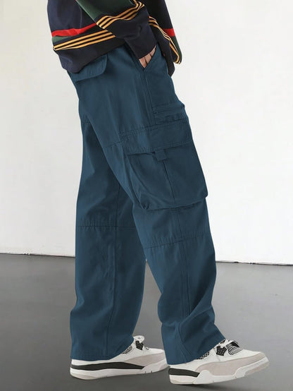 Men's Loose Solid Color All-match Pocket Drawstring Waist Overalls