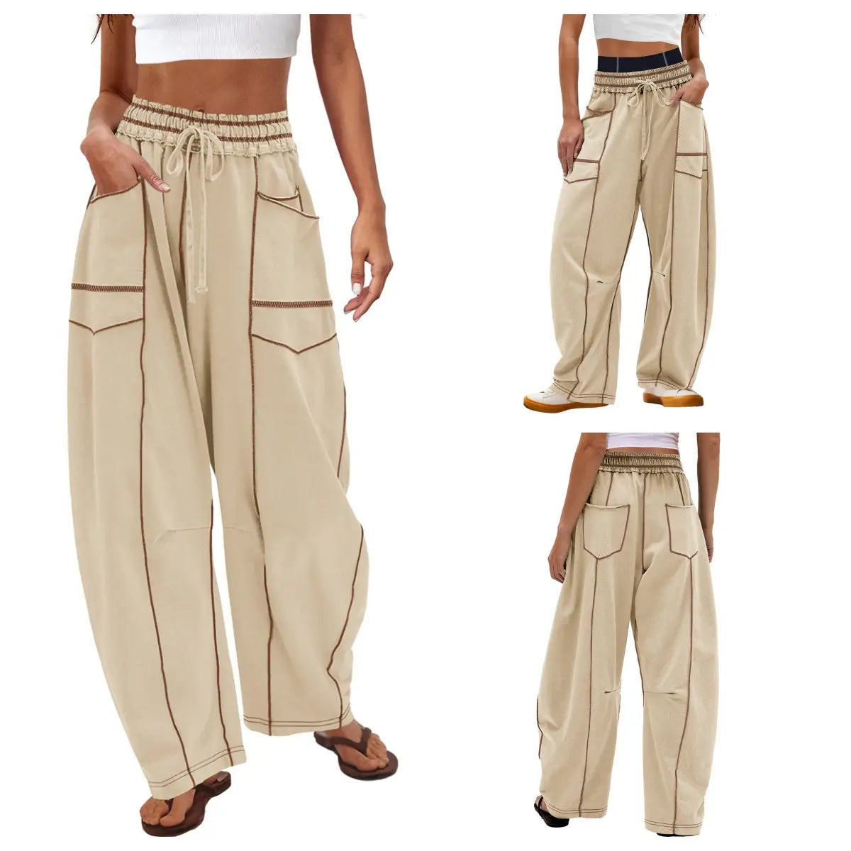 Women'S High Waisted Barrel Sweatpants Baggy Wide Leg Drawstring Joggers With Pockets And Seam Stitch Details| Regular Lined For Fall & Spring, Cozy Fleece Lined For Winter